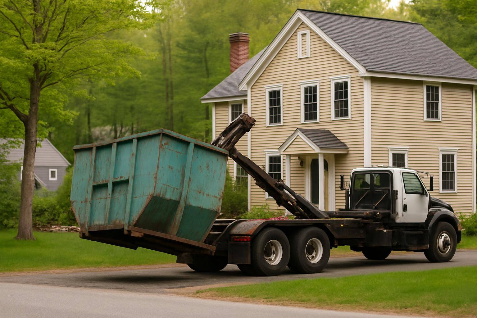 Dumpster positioned beside a residential cleanup project in New Hampshire