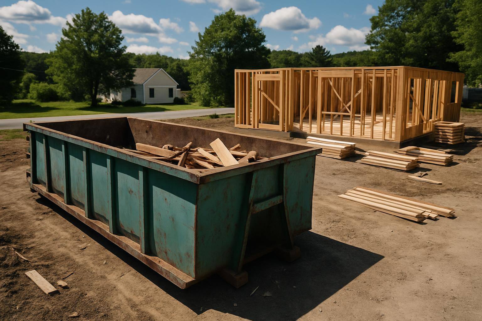 Roll-off dumpster beside commercial construction debris in New Hampshire