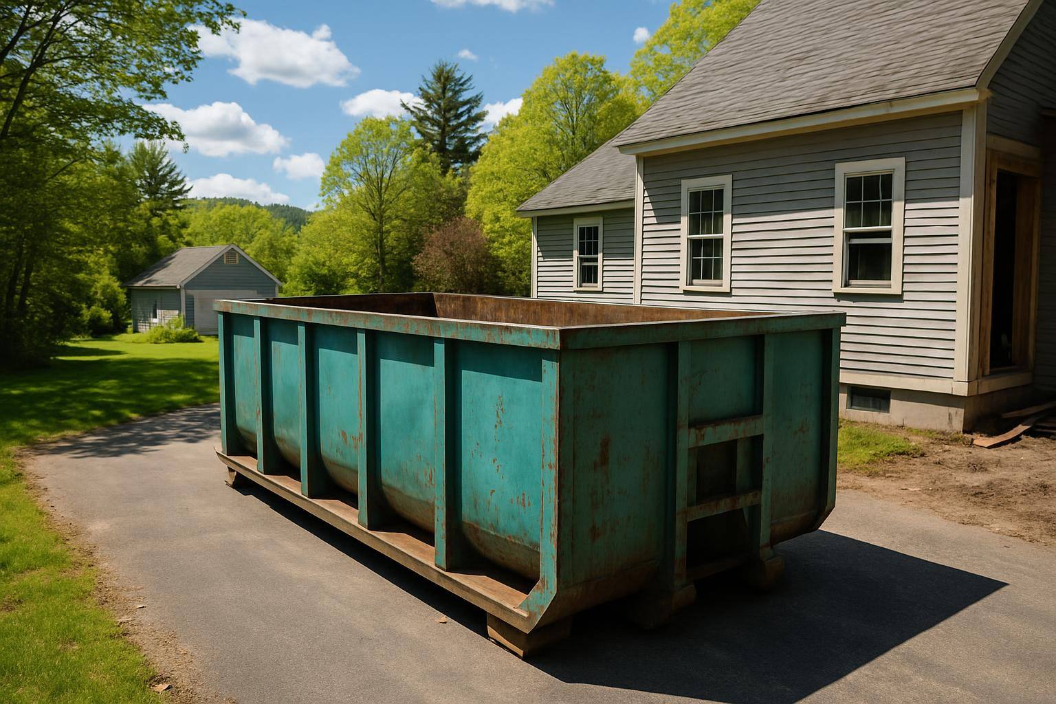 Roll-off dumpster beside a residential renovation in Dover, NH