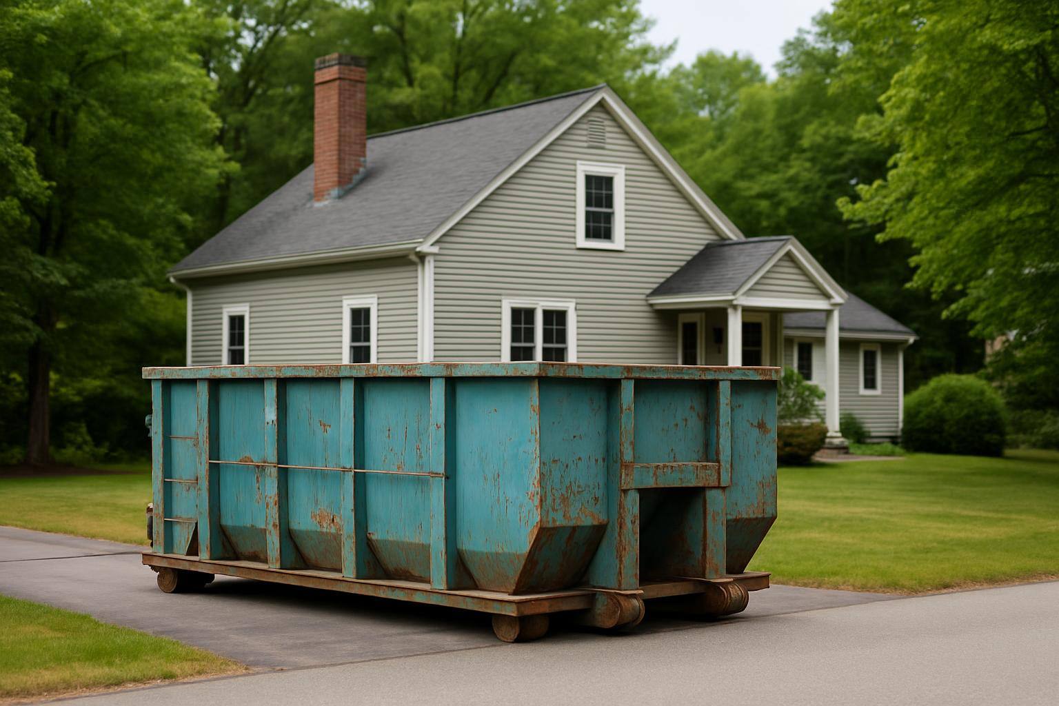 Mid-size dumpster on a paved home driveway in Dover, NH