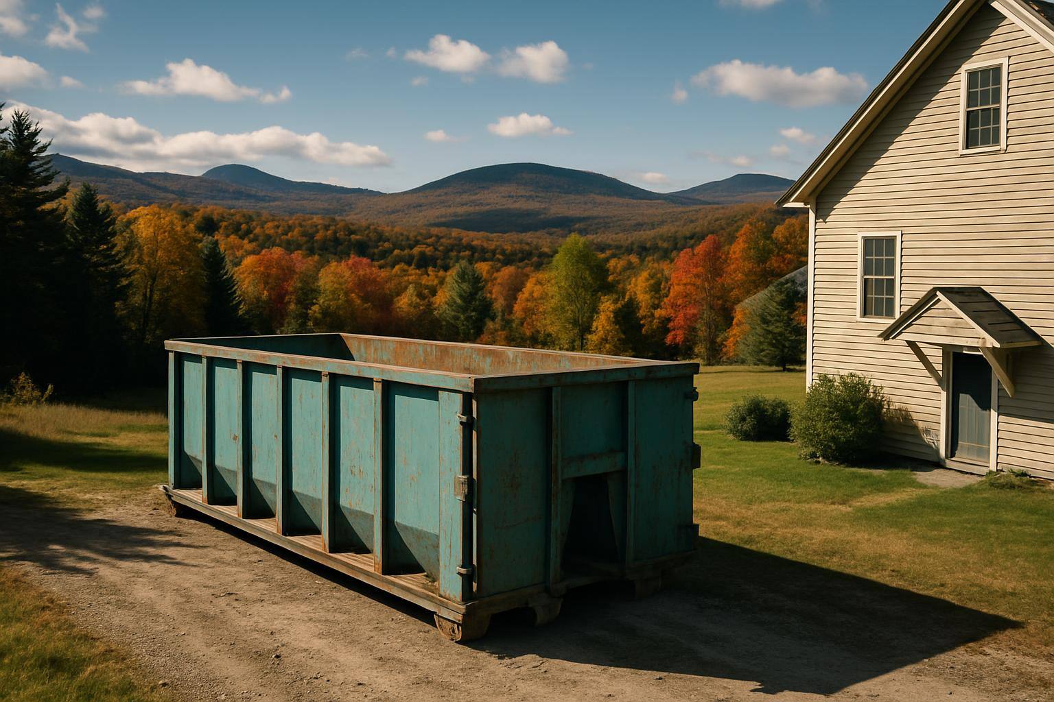 Dumpster near a home among wooded hills in New Hampshire