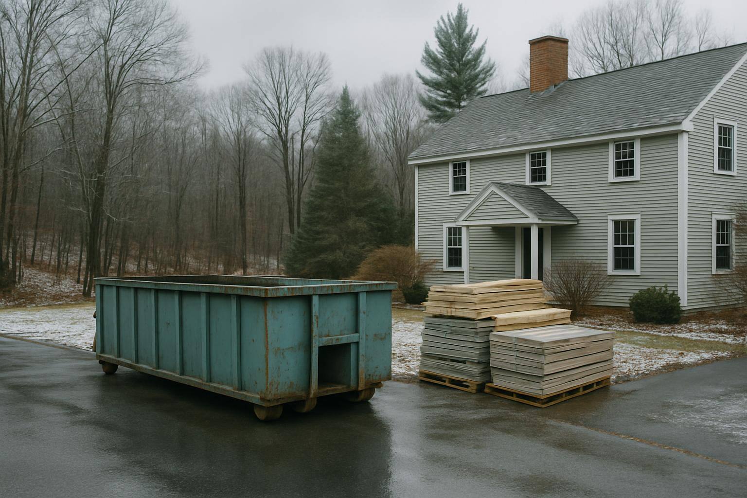 Clean roll-off dumpster beside organized renovation materials in New Hampshire