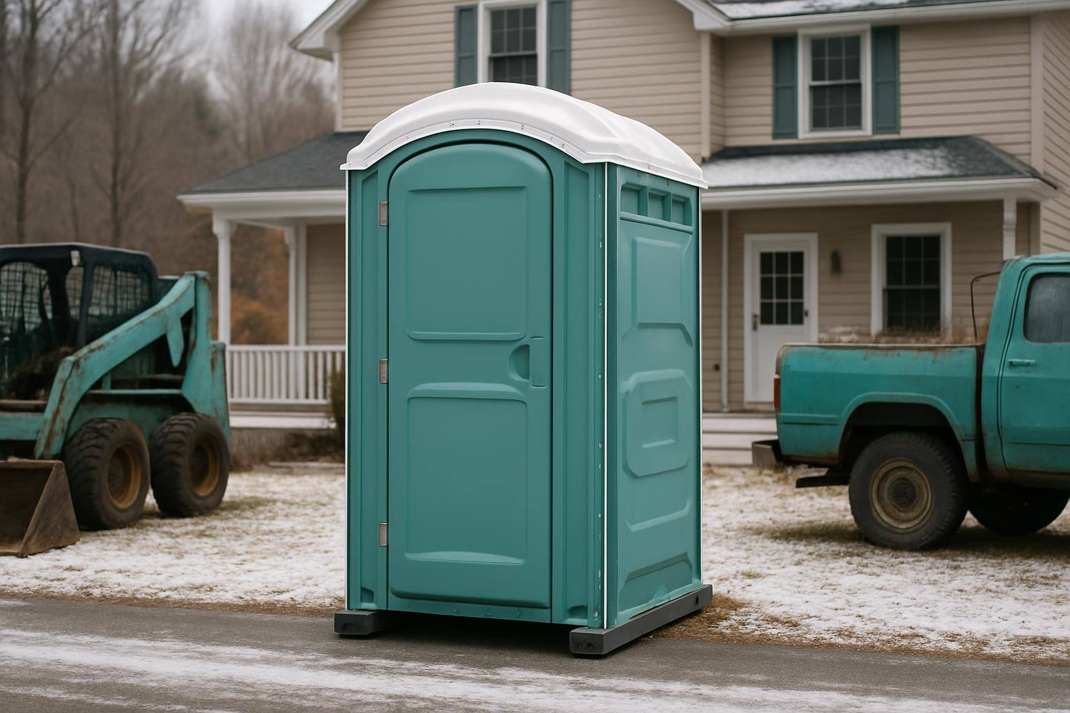 Mid-size portable toilet in front of house in Dover, NH