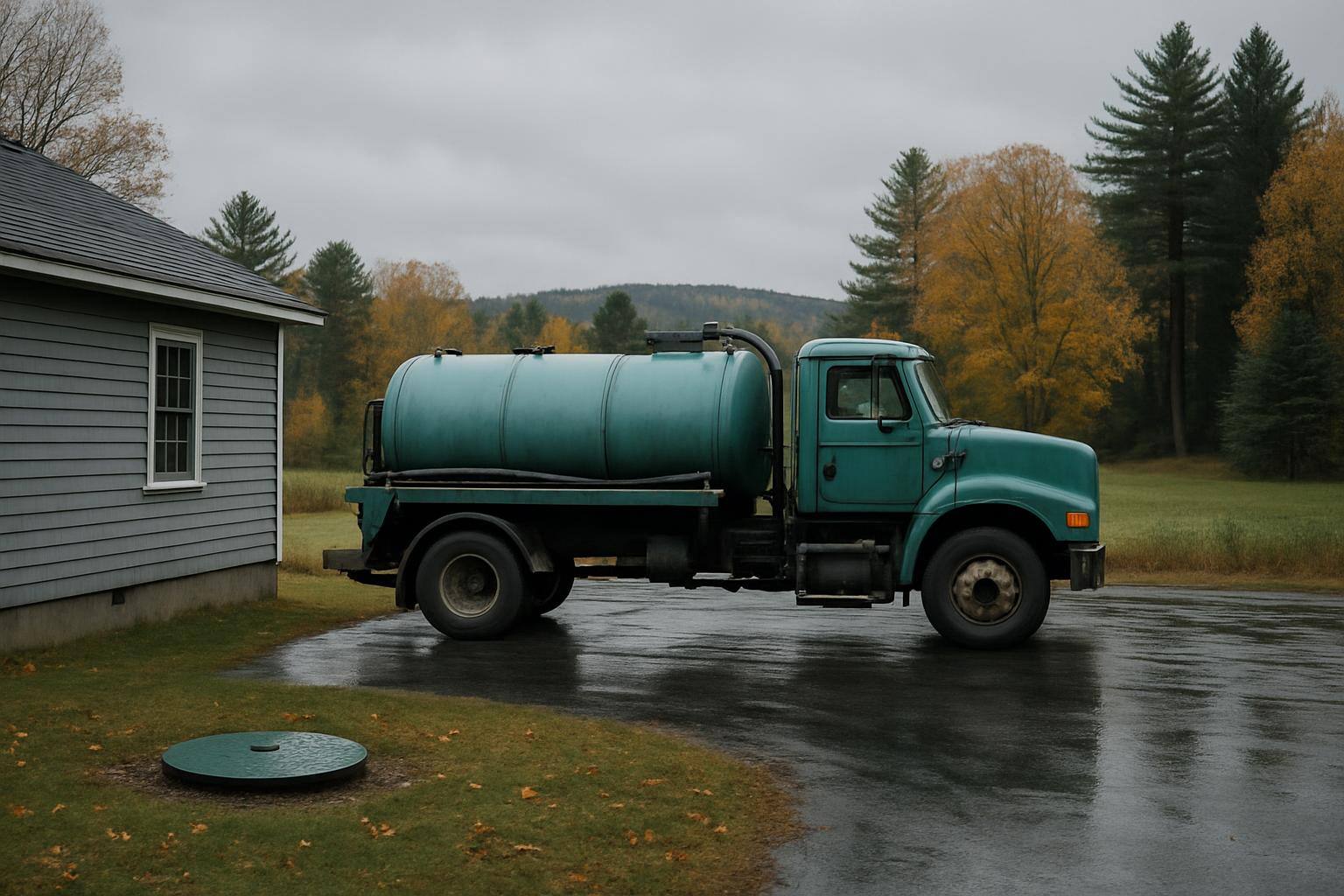 Mid-size septic truck beside residential tank in Dover, NH